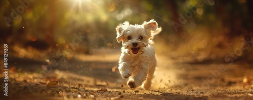 A joyful white dog running outdoors with sunlight behind.