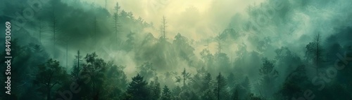 Mystical fog over a forest, dreamlike atmosphere, soft tones, fantasy illustration photo