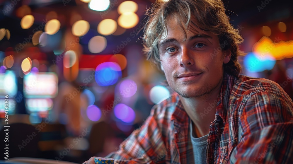 A charming young man with tousled hair sits amongst the vibrant lights of a casino environment, exuding a relaxed aura A charming young man with tousled hair sits amongst the vibrant lights of a casino environment, exuding a relaxed aura