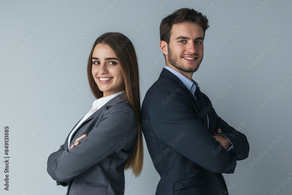A young businessman and businesswoman stand back to back, isolated on a grey background with copy space, smiling with confident facial expressions. The portrait depicts male and female executives in s A young businessman and businesswoman stand back to back, isolated on a grey background with copy space, smiling with confident facial expressions. The portrait depicts male and female executives in s
