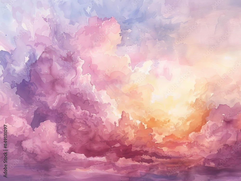 Fototapeta premium Pastel gradient sky with soft clouds, dreamy atmosphere, watercolor painting