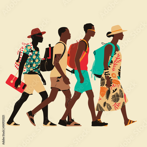 Four African tourists walking, carrying bags, wearing summer clothes, side profile illustrated. Illustration young African men casual vacation apparel, colorful backpacks, hats. Graphic black