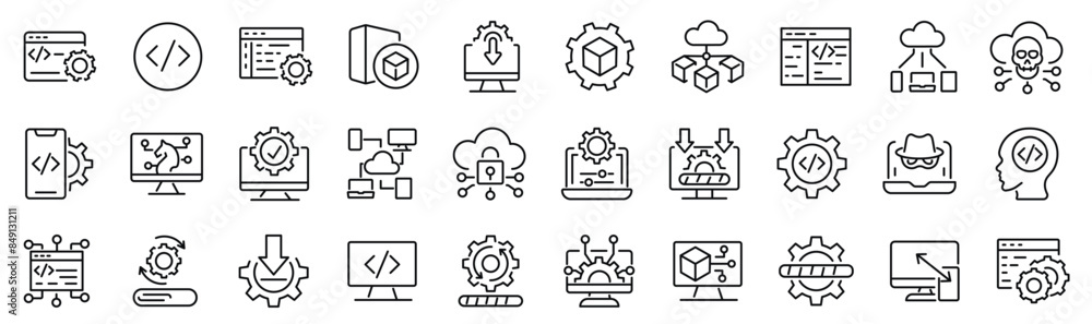 Set of 30 outline icons related to software. Linear icon collection. Editable stroke. Vector illustration Set of 30 outline icons related to software. Linear icon collection. Editable stroke. Vector illustration