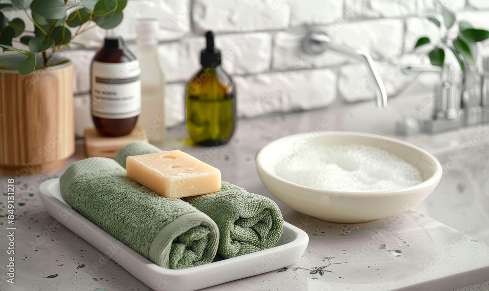 Inviting Bathroom Spa Setting with Green Towels, Natural Soap, Dish with Soap, and Relaxing Vibe Inviting Bathroom Spa Setting with Green Towels, Natural Soap, Dish with Soap, and Relaxing Vibe
