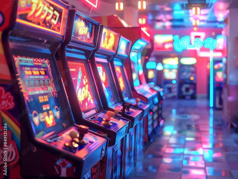Retro arcade with glowing machines, vibrant neon lights, nostalgic, digital art Retro arcade with glowing machines, vibrant neon lights, nostalgic, digital art