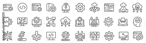 Set of 30 outline icons related to software. Linear icon collection. Editable stroke. Vector illustration