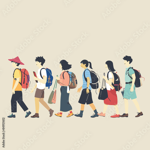 Six diverse travelers walking side side, carrying backpacks, expressing sense adventure companionship. Asian man widebrimmed hat leads group, followed individuals various ethnicities, casual attire
