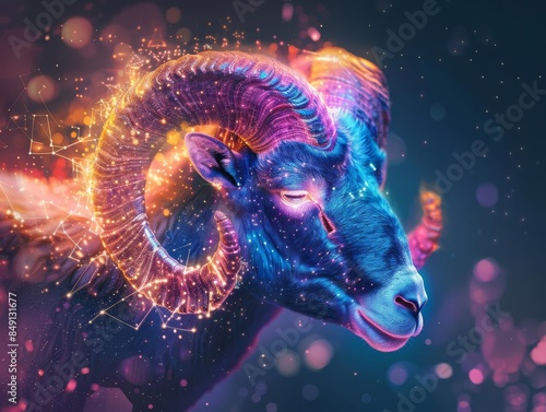 A colorful, abstract ram with glowing horns, perfect for astrology, zodiac, or mystical themes.