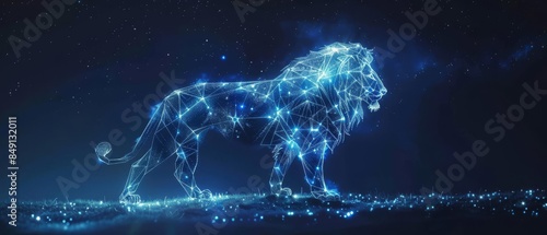 Abstract blue glowing lion with a starry mane. © Arak