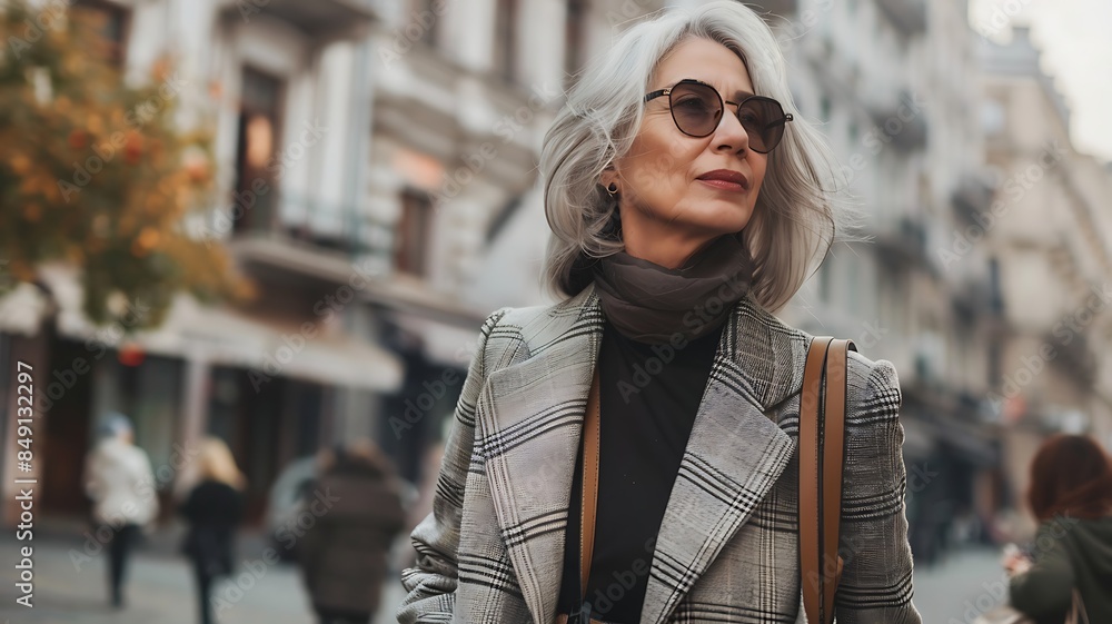 Capture the elegance of a trendy mature woman confidently walking outdoors in a bustling town, dressed in chic, modern fashion that complements her sophisticated style Capture the elegance of a trendy mature woman confidently walking outdoors in a bustling town, dressed in chic, modern fashion that complements her sophisticated style