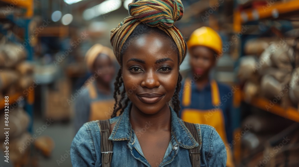 A portrait of a confident female worker with headgear standing in an industrial warehouse showing empowerment A portrait of a confident female worker with headgear standing in an industrial warehouse showing empowerment