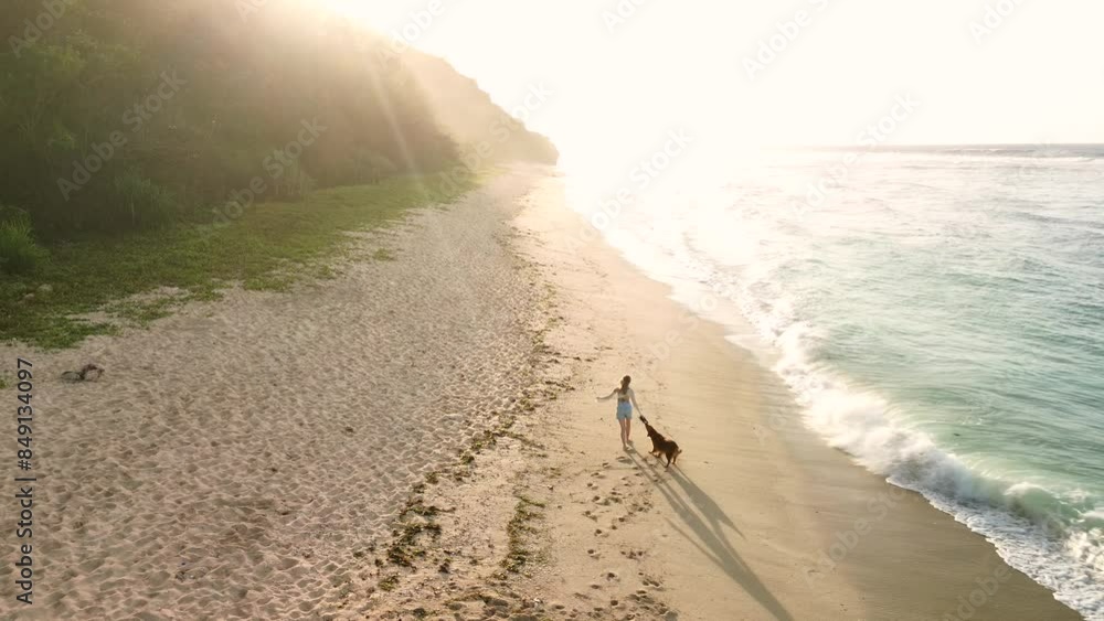 Aerial view of a young red haired woman and her golden retriever dog are tugging on a leash and playing on the beach near the ocean at dawn. Start the day in the morning with a walk with the dog. Aerial view of a young red haired woman and her golden retriever dog are tugging on a leash and playing on the beach near the ocean at dawn. Start the day in the morning with a walk with the dog.