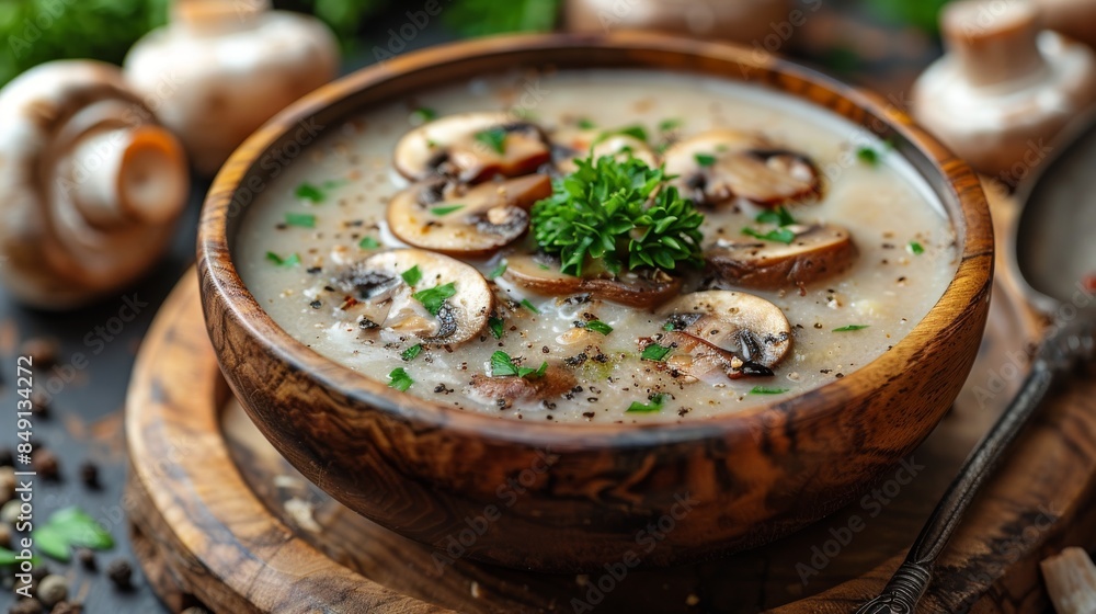 Delicious looking creamy mushroom soup garnished with parsley in a rustic wooden bowl surrounded by ingredients Delicious looking creamy mushroom soup garnished with parsley in a rustic wooden bowl surrounded by ingredients