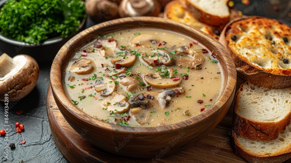 Delicious bowl of creamy mushroom soup garnished with herbs, served with toasted bread on a dark surface Delicious bowl of creamy mushroom soup garnished with herbs, served with toasted bread on a dark surface