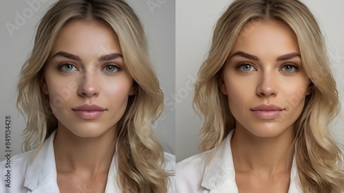 Close-up of beautiful woman's face before and after make-up - showing how makeup can change overall facial appearance, or how photo retouch transform model beauty