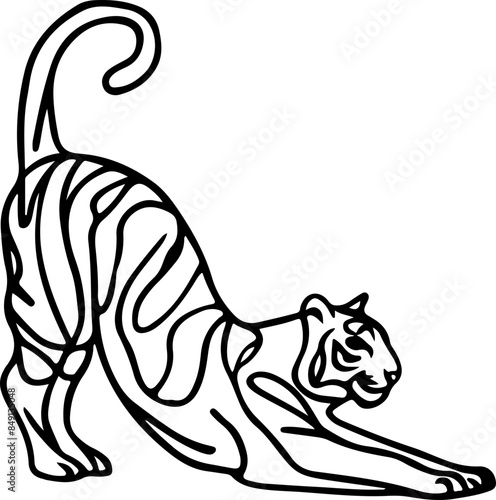 Minimalist line drawing of a tiger stretching