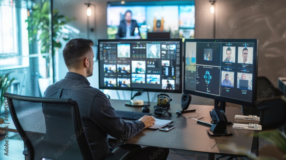 A man is sitting at a desk with two computer monitors in front of him A man is sitting at a desk with two computer monitors in front of him