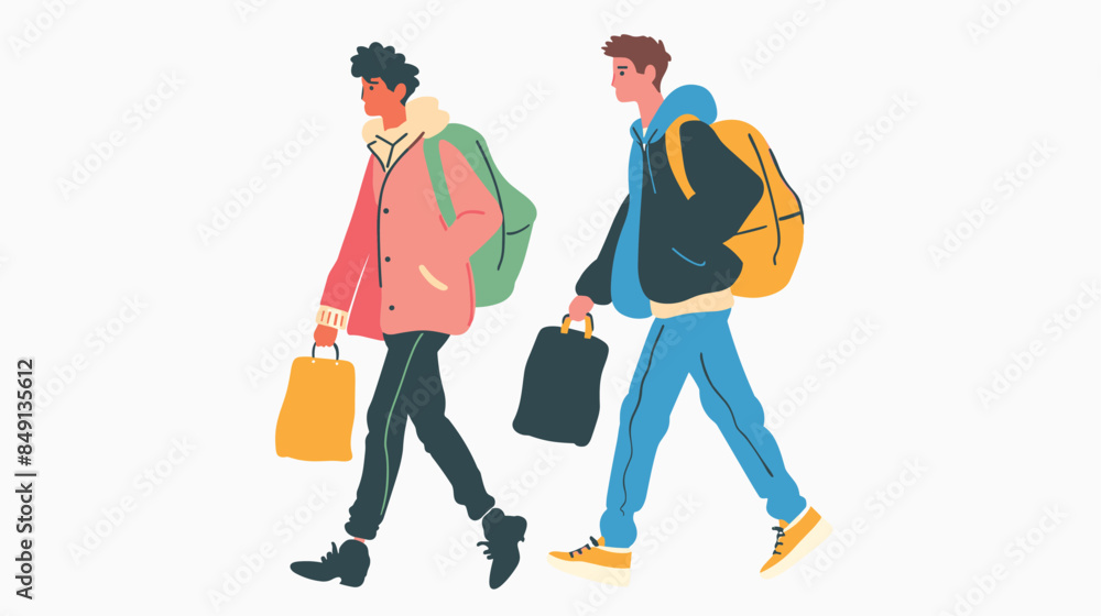 Two men walking side side, one African ethnicity, one Caucasian, carrying luggage. Youthful male travelers, casual attire, backpacks, journey, side view, nonidentifiable faces. Diverse friends Two men walking side side, one African ethnicity, one Caucasian, carrying luggage. Youthful male travelers, casual attire, backpacks, journey, side view, nonidentifiable faces. Diverse friends