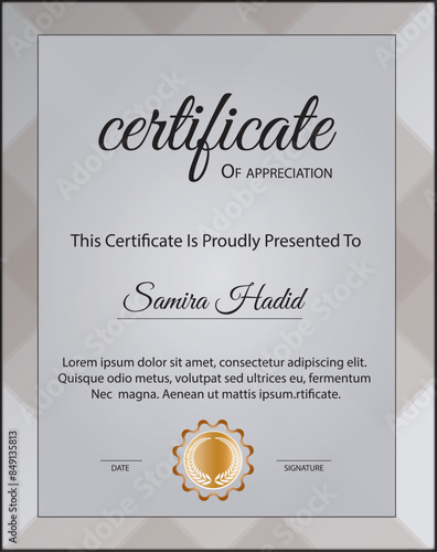 Certificate of achievement border template with luxury badge and modern line pattern.