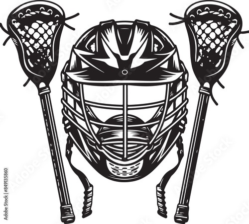 Lacrosse Sticks And Helmet Lacrosse Equipment Front View Vector Illustration