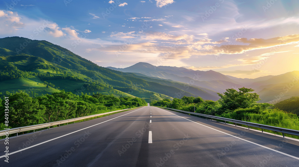 Asphalt highway road and green mountain with sky clouds at sunset Asphalt highway road and green mountain with sky clouds at sunset