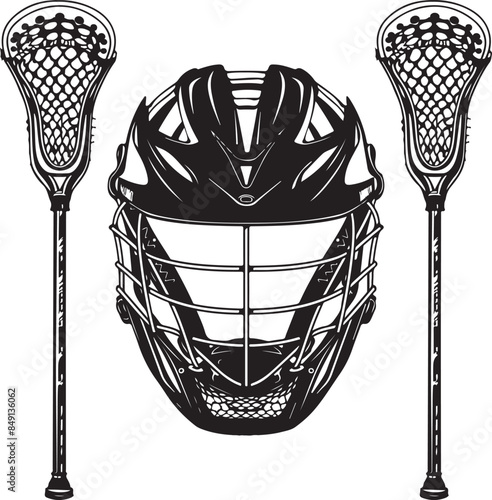 Lacrosse Sticks And Helmet Lacrosse Equipment Front View Vector Illustration