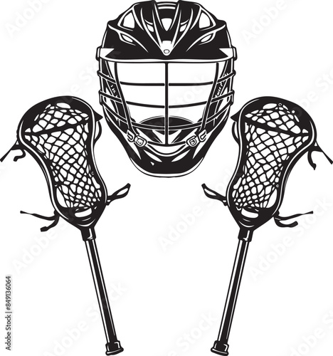 Lacrosse Sticks And Helmet Lacrosse Equipment Front View Vector Illustration