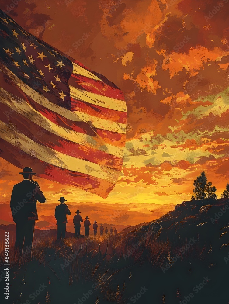 Fototapeta premium Veterans Saluting Dramatic Sunset Flag Landscape