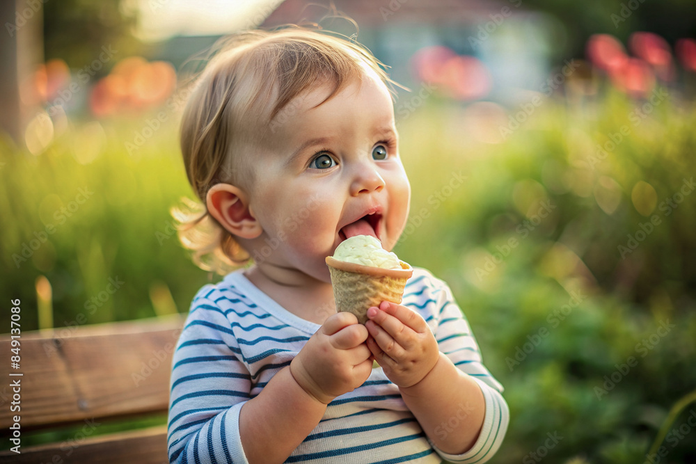 Adorable baby close-up eating ice cream in a cone outdoors. Selective focus. Adorable baby close-up eating ice cream in a cone outdoors. Selective focus.