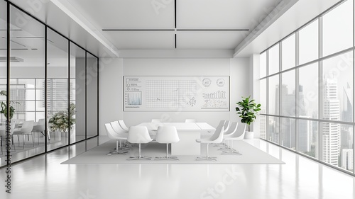 Plakat A bright, modern office conference room with a table, chairs, and city view.