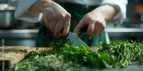 A chef chops fresh herbs with precision emphasizing freshness in the kitchen. Concept Cooking, Fresh Ingredients, Culinary Skills, Precision Technique, Kitchen Atmosphere