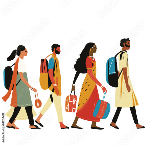 Four Indian travelers walking side side, carrying luggage, suggesting group travel family trip. Men women traditional Indian garments, depicting cultural fashion, carry bags, heading destination