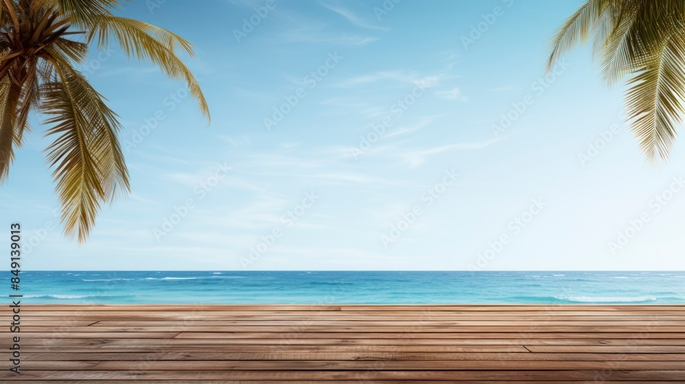 Wooden table top on blur beach background, display or montage products Wooden table top on blur beach background, display or montage products