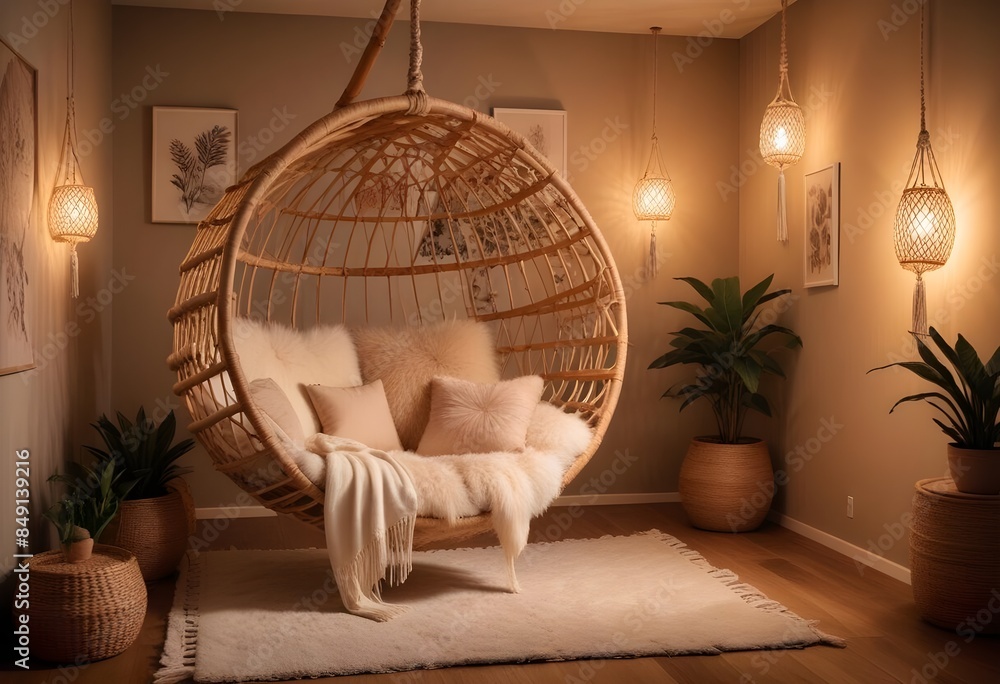 interior design style- reading nook with a hanging rattan chair, cozy floor pouf, and a macrame wall hanging interior design style- reading nook with a hanging rattan chair, cozy floor pouf, and a macrame wall hanging