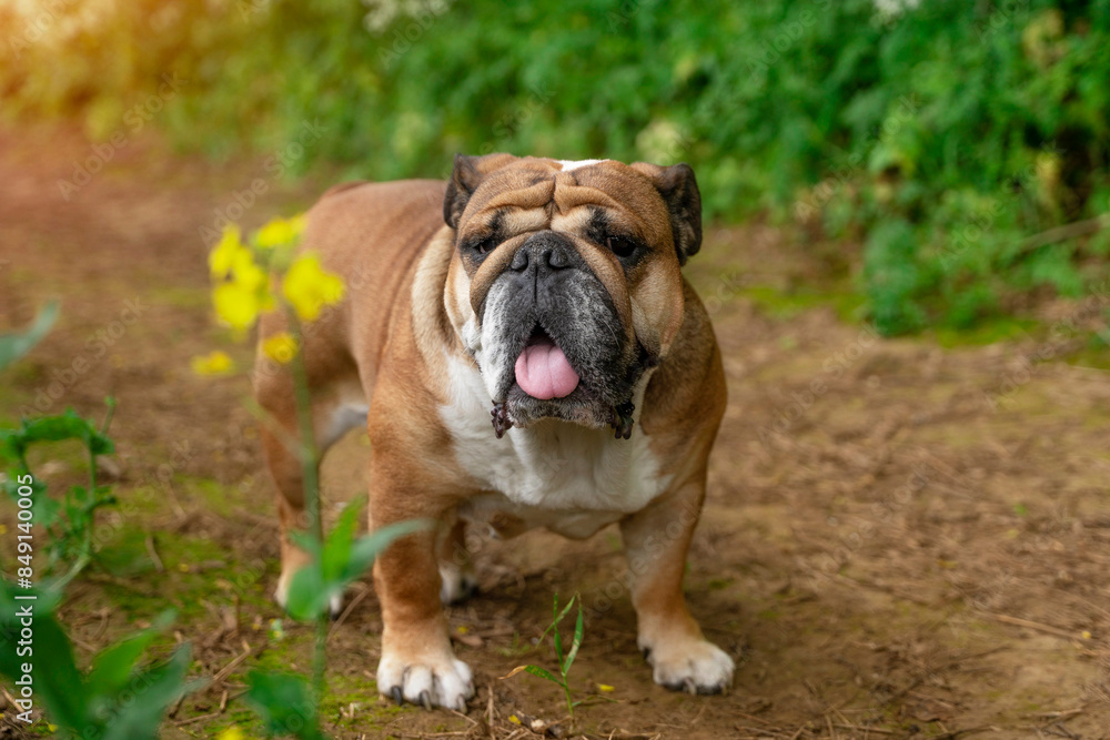 English Bulldog Standing on a Dirt Path With Green Plants in the Background English Bulldog Standing on a Dirt Path With Green Plants in the Background