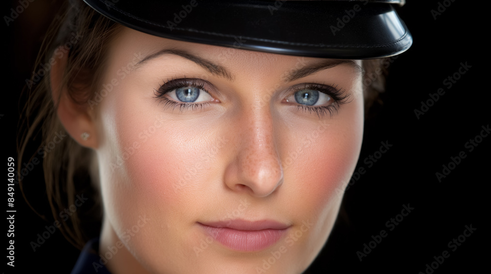 Close-up of a woman with blue eyes and a black hat, giving a confident and calm expression, highlighting her clear skin and facial features. Close-up of a woman with blue eyes and a black hat, giving a confident and calm expression, highlighting her clear skin and facial features.