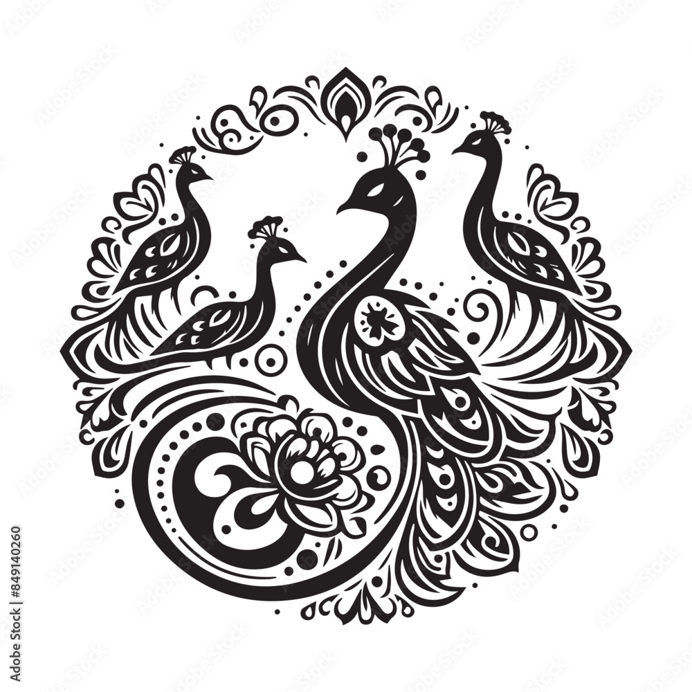 Silhouette Ornate Peacock Pair Vector Illustration Intricate Mandala Style Design. Silhouette Ornate Peacock Pair Vector Illustration Intricate Mandala Style Design.