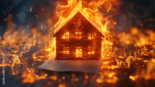 House engulfed in flames with document