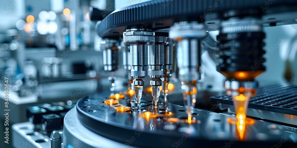 Closeup of automated peptide synthesizer in lab conducting chemical reactions. Concept Scientific Research, Peptide Synthesis, Laboratory Equipment, Chemical Reactions, Biotechnology Closeup of automated peptide synthesizer in lab conducting chemical reactions. Concept Scientific Research, Peptide Synthesis, Laboratory Equipment, Chemical Reactions, Biotechnology