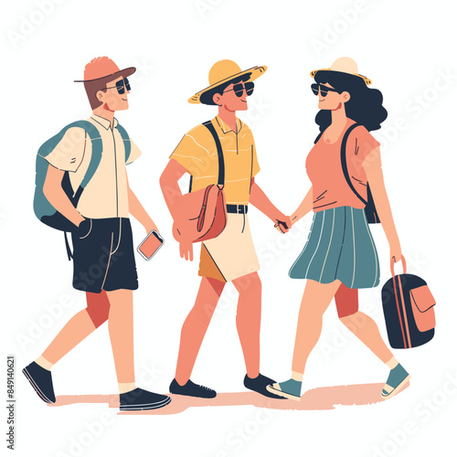 Three tourists walking, male female, casual summer attire. Group friends exploring, holding hands, smiling faces. Young adults vacation, straw hats, sunglasses, backpacks