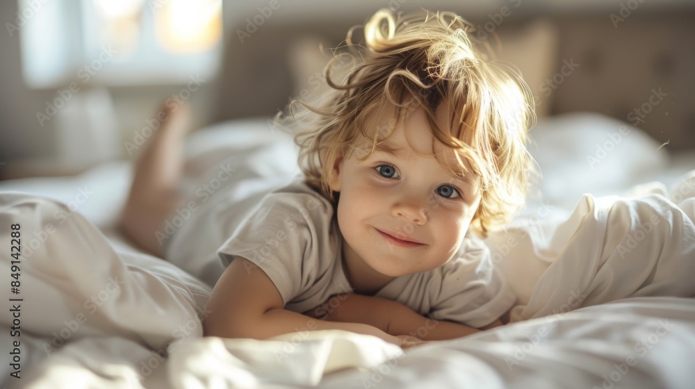 A small child laying on a bed with a white sheet A small child laying on a bed with a white sheet