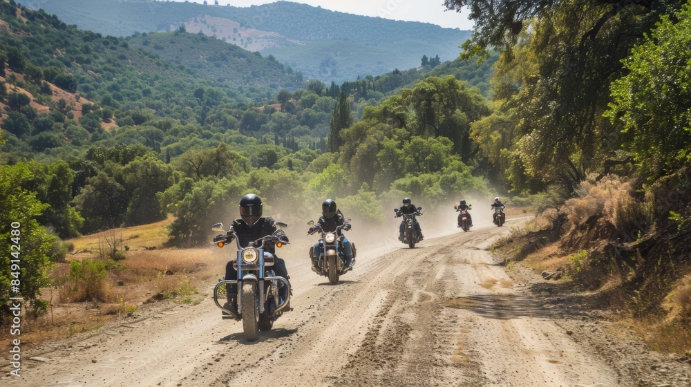 A group of people riding motorcycles down a dirt road A group of people riding motorcycles down a dirt road