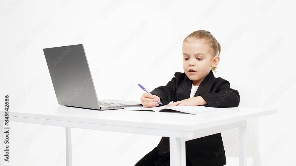 Business, little child working at a laptop on a light isolated studio background. Concept of deal, business and modern technology. Business, little child working at a laptop on a light isolated studio background. Concept of deal, business and modern technology.