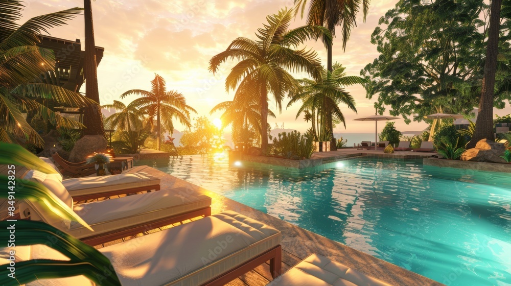 Fototapeta premium A large swimming pool surrounded by palm trees