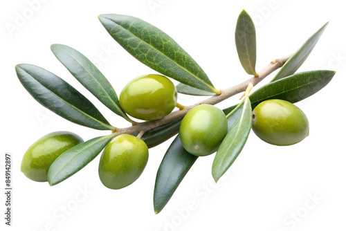 Olive branch with green olive and leaves isolated on the transparent PNG background