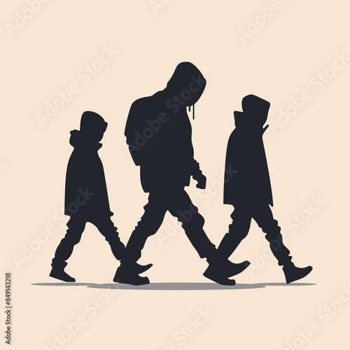 Three young African American males walking confidently, stylized silhouette, urban style fashion. Male figures display youth, streetwear, sneakers, hoodies, exuding cool demeanor. Beige background