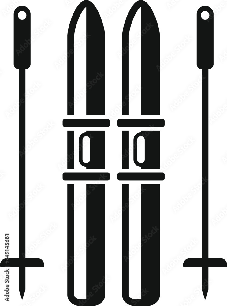 Black solid icon of a pair of mountain skis and poles standing upright, for winter sports design Black solid icon of a pair of mountain skis and poles standing upright, for winter sports design