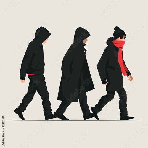 Three people walking, side profile, wearing dark winter clothing. Silhouetted figures, trendy fashion, progressive style, modern youth. Contemporary urban scene, stylish pedestrians, cool attitude