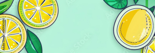 banner illustration a lemons and green leaves, watercolor picture on a mint background. Detox and refreshing concept. Copy space. National Lemonade Day. photo