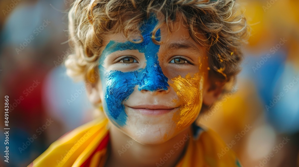 Close-up of a sports fan from behind showcasing curly blonde hair and colorful apparel against a blurred crowd Close-up of a sports fan from behind showcasing curly blonde hair and colorful apparel against a blurred crowd
